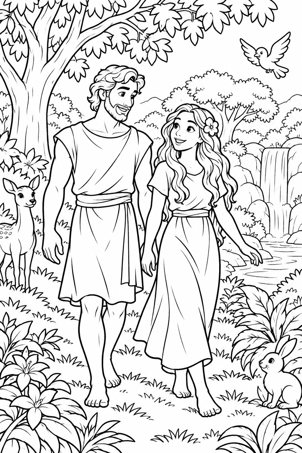 Desenho para colorir: Adão e Eva no jardim