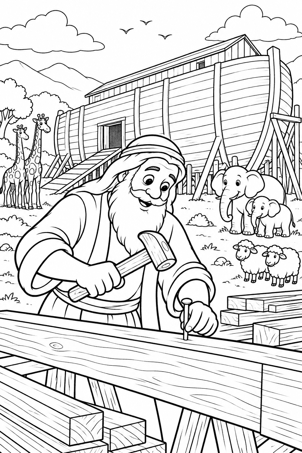 Desenho para colorir: Noé constrói a arca