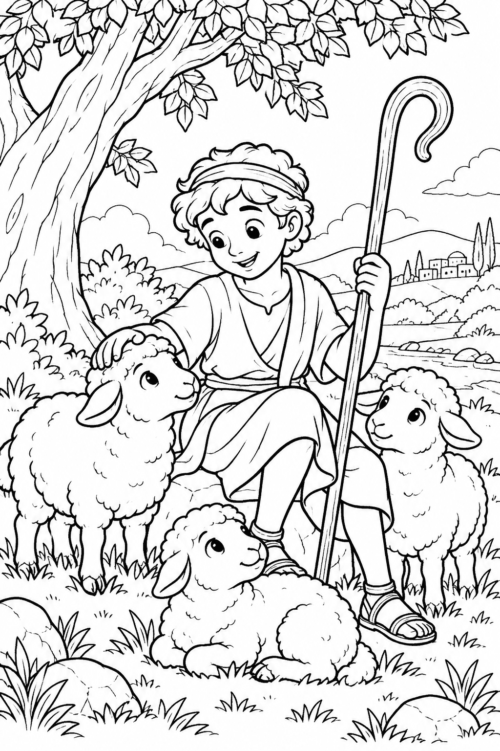 Desenho para colorir: Davi cuida das ovelhas