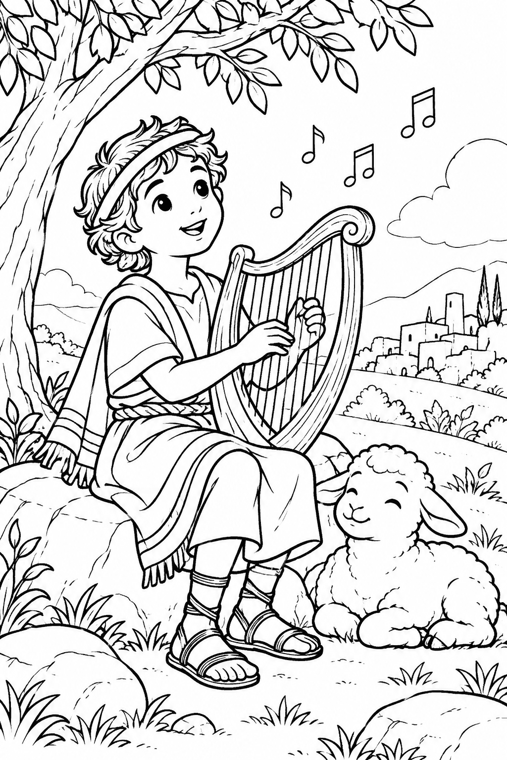 Desenho para colorir: Davi toca a harpa